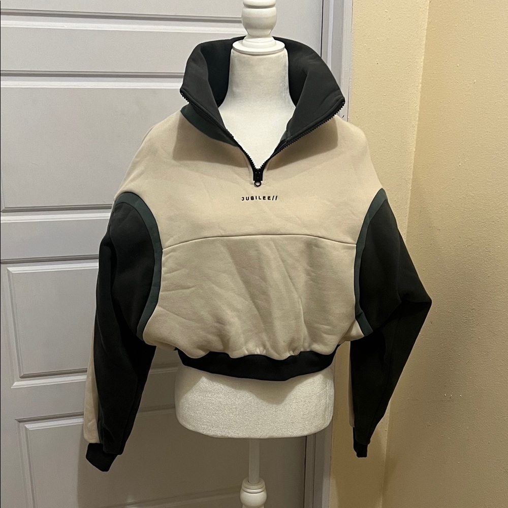 Beige and Green Cowl Neck Sweater